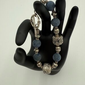 Blue Coral and Bali Sterling Silver Beaded Bracelet With Toggle Clasp